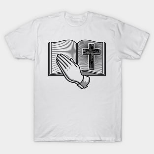 Cross of Jesus, open bible and praying hands. T-Shirt